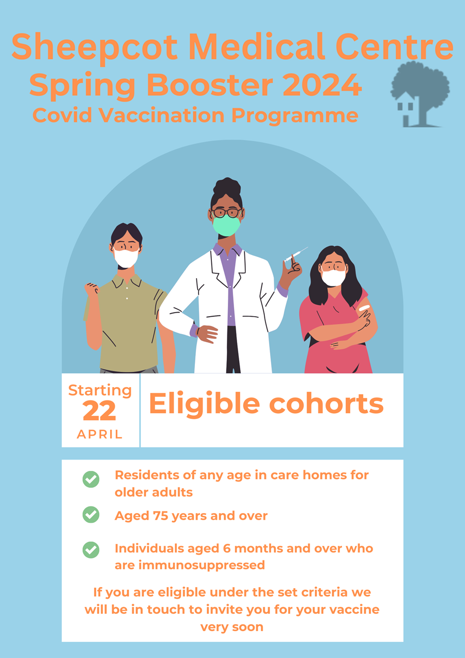 alt= Promotional poster for sheepcot medical centre's spring booster 2024 covid vaccination programme, highlighting the starting date, eligible groups, and a graphic of healthcare workers.